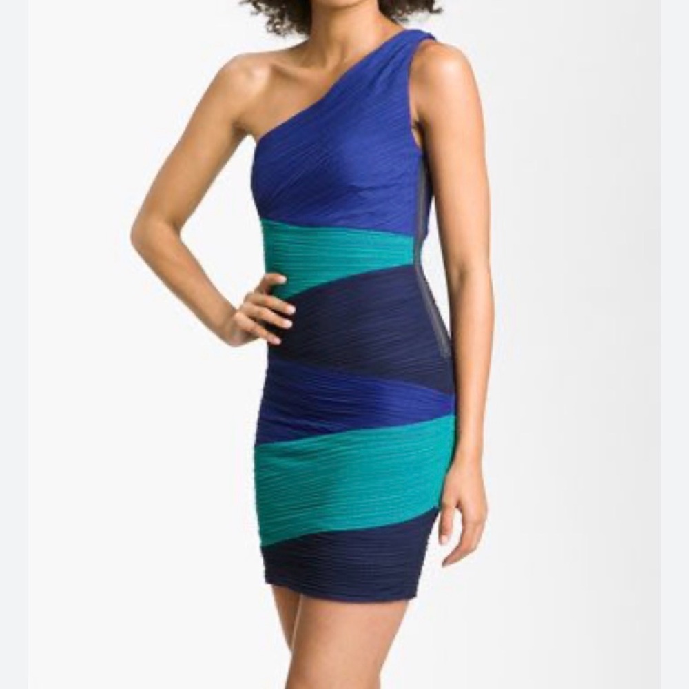 BCBGMaxAzria Asymmetrical Blue and Green Bodycon Dress